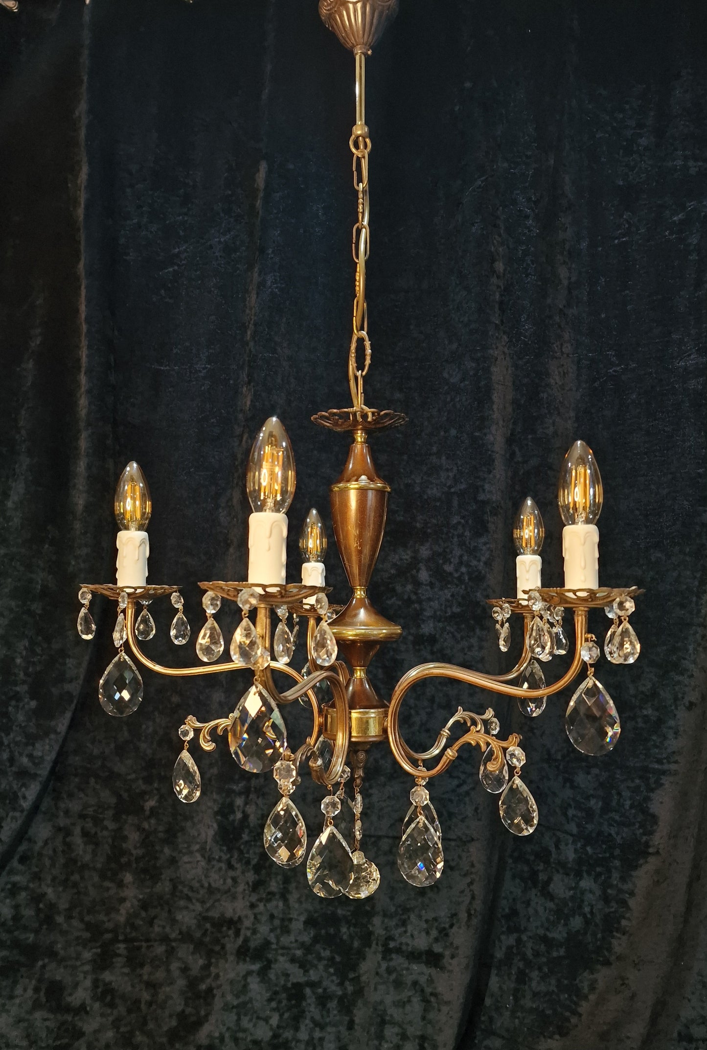 Beautiful Vintage Italian 5 Arm Brass Crystal Chandelier Ceiling Light