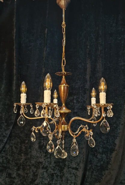 Beautiful Vintage Italian 5 Arm Brass Crystal Chandelier Ceiling Light