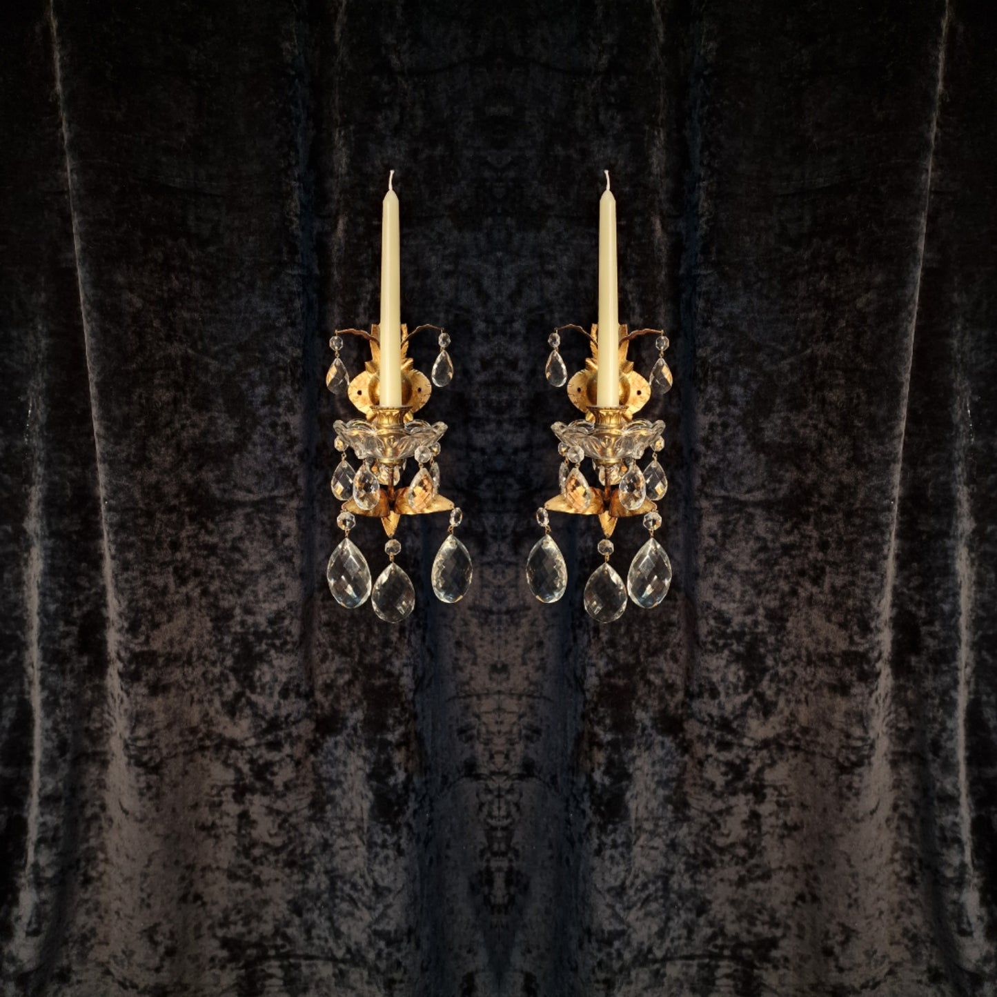 Stunning Pair Vintage Italian 1 Arm Florentine Toleware Candle Crystal Sconces