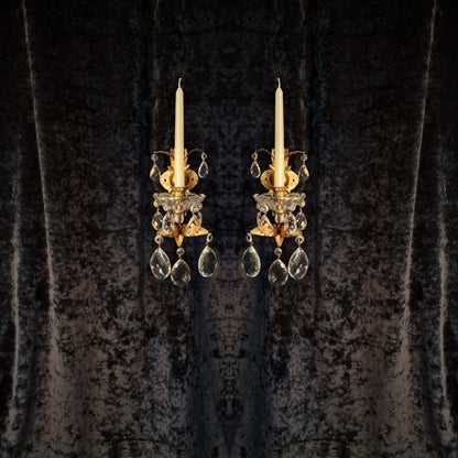 Stunning Pair Vintage Italian 1 Arm Florentine Toleware Candle Crystal Sconces