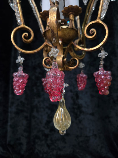 Fabulous Vintage Italian 3 Arm Caged Florentine Flower Crystal Chandelier Light