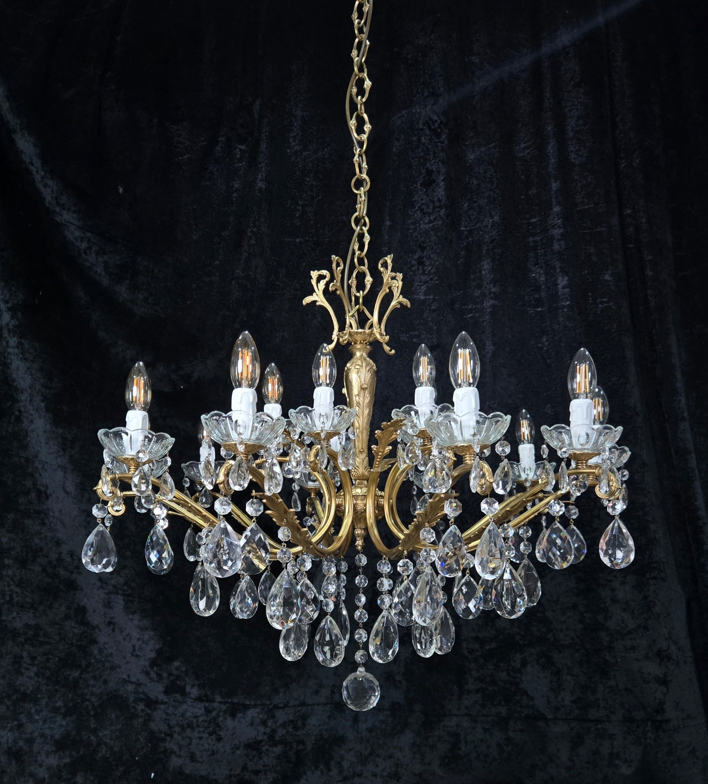 Fabulous Large Vintage Italian Heavy 10 Arm 15 Light Brass Crystal Chandelier