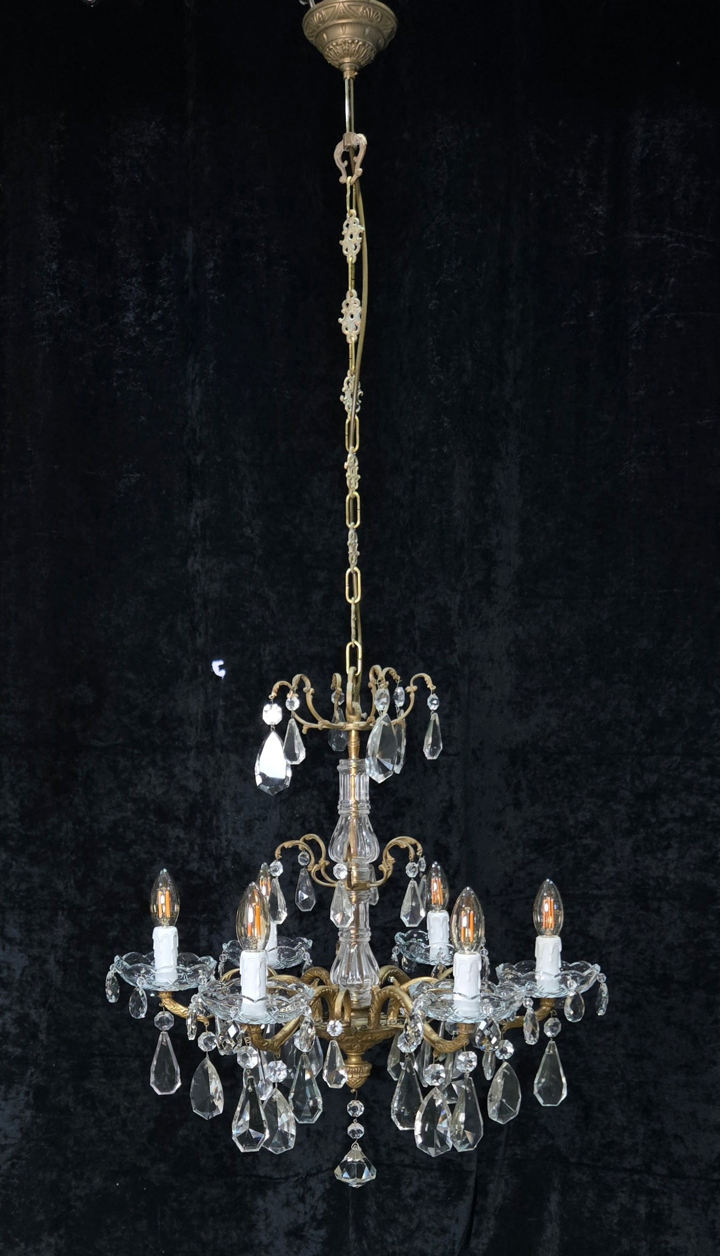 Fabulous Antique French 6 Arm Brass 2 Tier Crystal Chandelier Ceiling Light