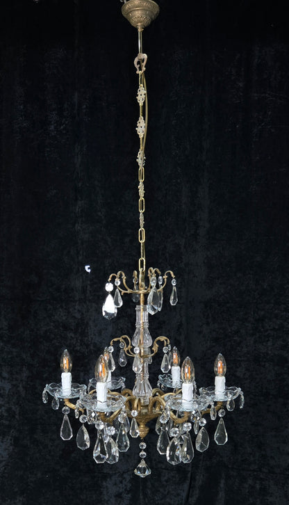 Fabulous Antique French 6 Arm Brass 2 Tier Crystal Chandelier Ceiling Light