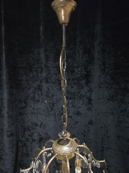 Elegant Vintage Italian Large 3 Arm Cage Crystal Brass Chandelier Ceiling Light