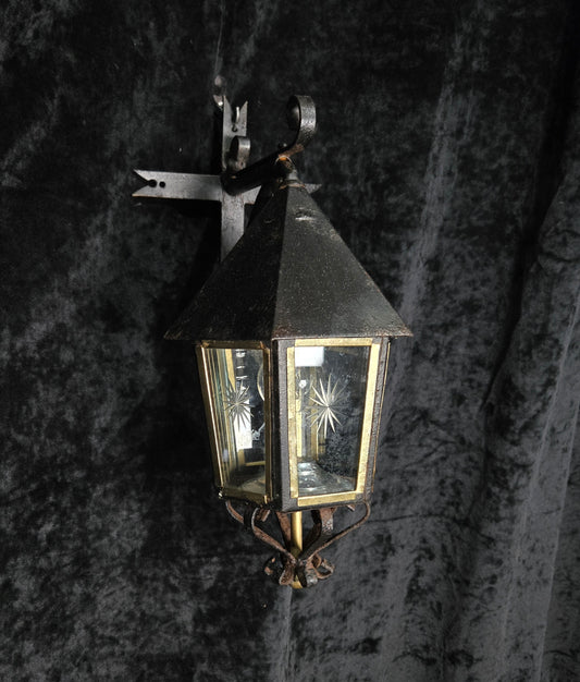 Traditional Antique Wrought Iron Starburst Cut Glass Outdoor Wall Lantern Light