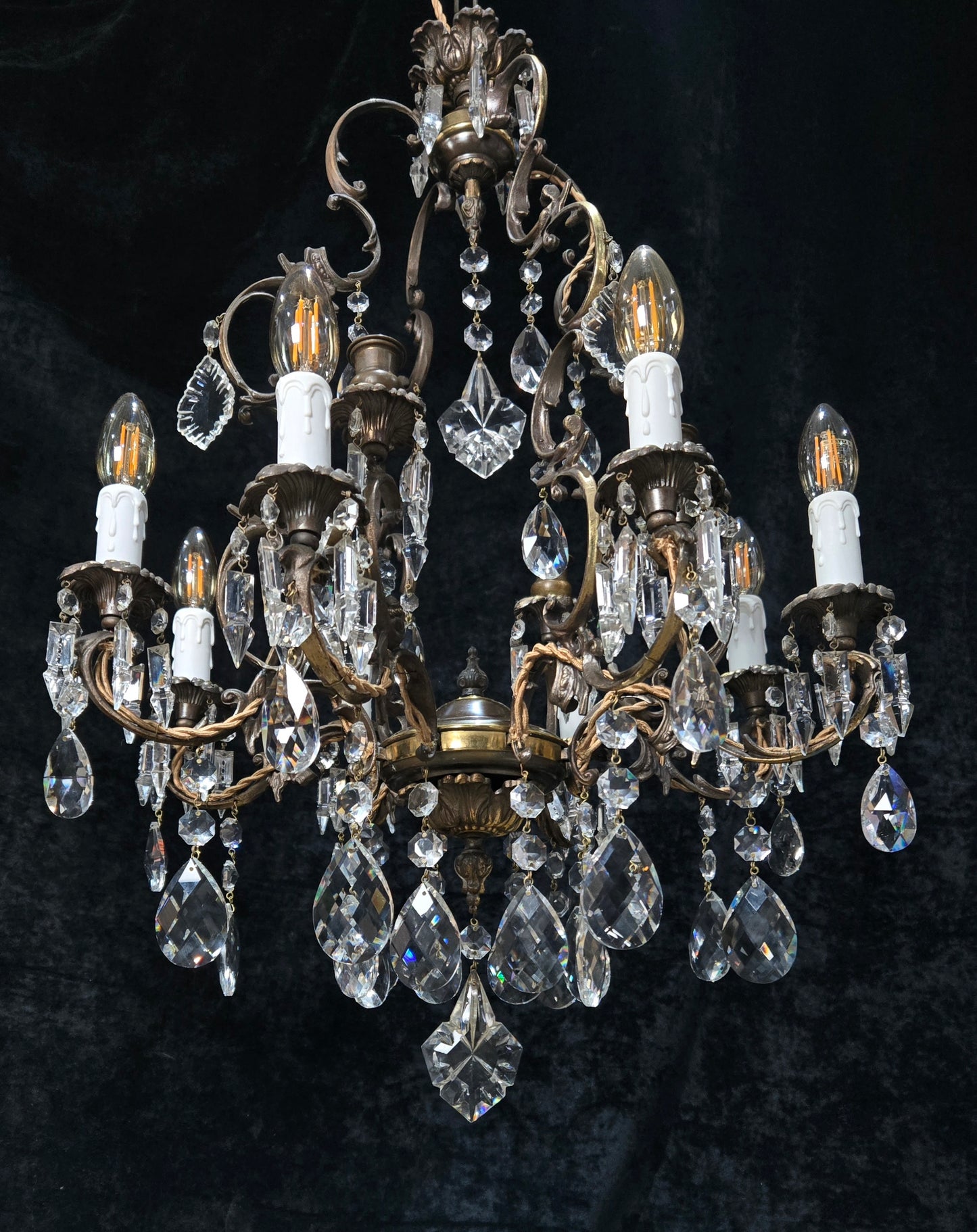 Fabulous Antique Italian 8 Arm 4 Candle Cage Brass Crystal Chandelier Light