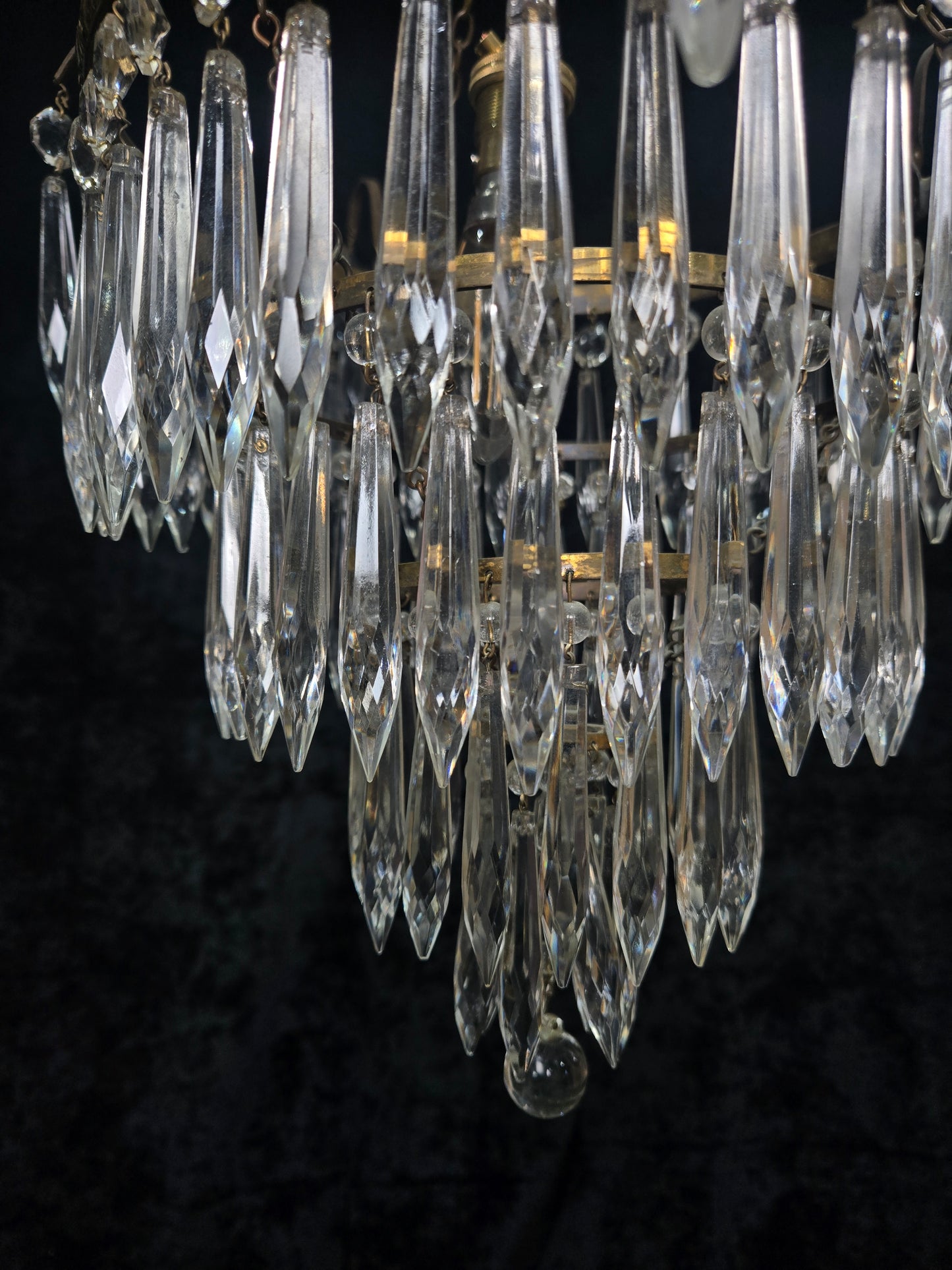 Fabulous Antique French Brass 4 Tier Waterfall Crystal Chandelier Ceiling Light