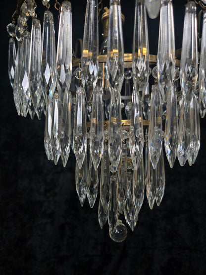 Fabulous Antique French Brass 4 Tier Waterfall Crystal Chandelier Ceiling Light