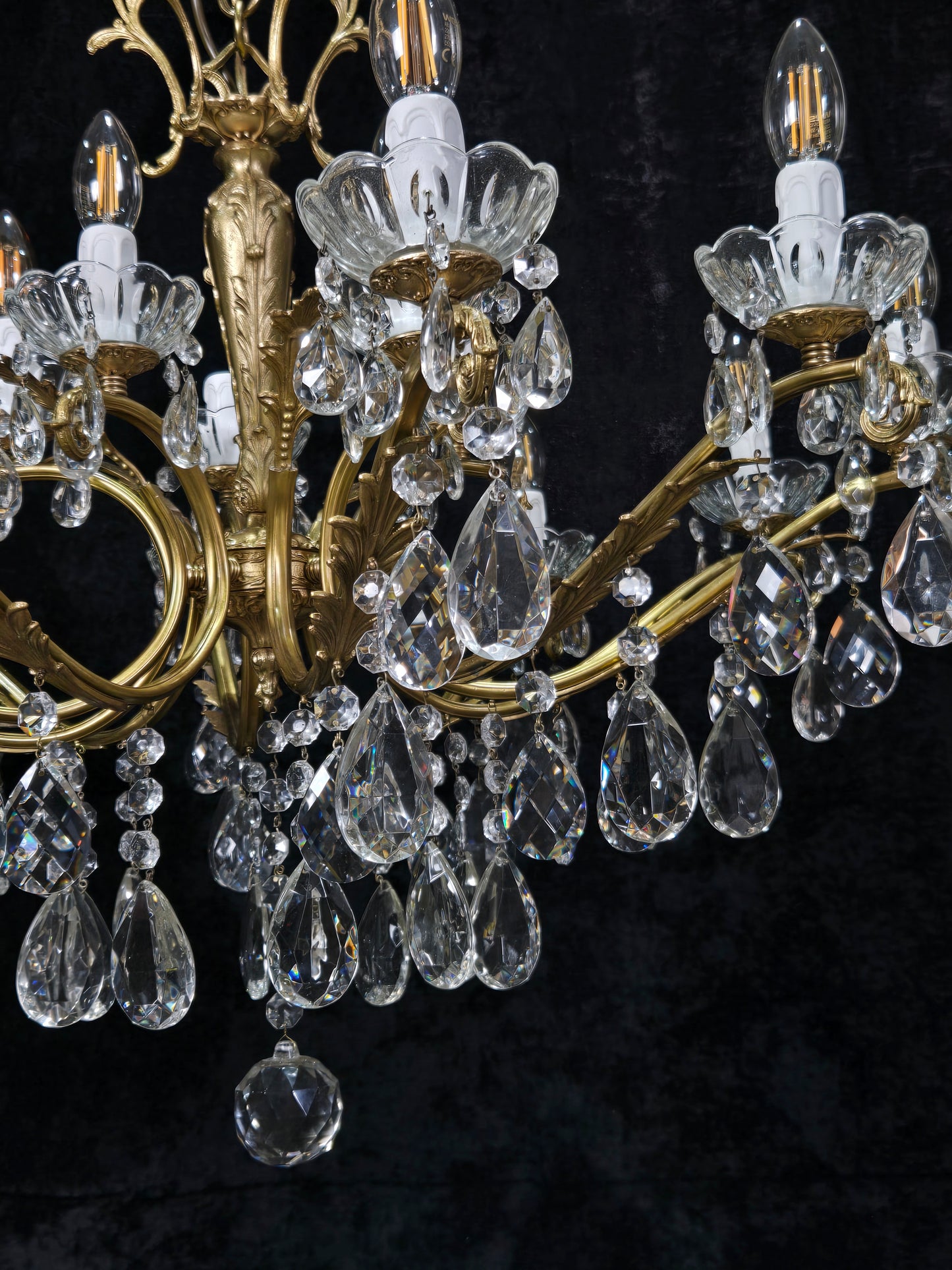 Fabulous Large Vintage Italian Heavy 10 Arm 15 Light Brass Crystal Chandelier