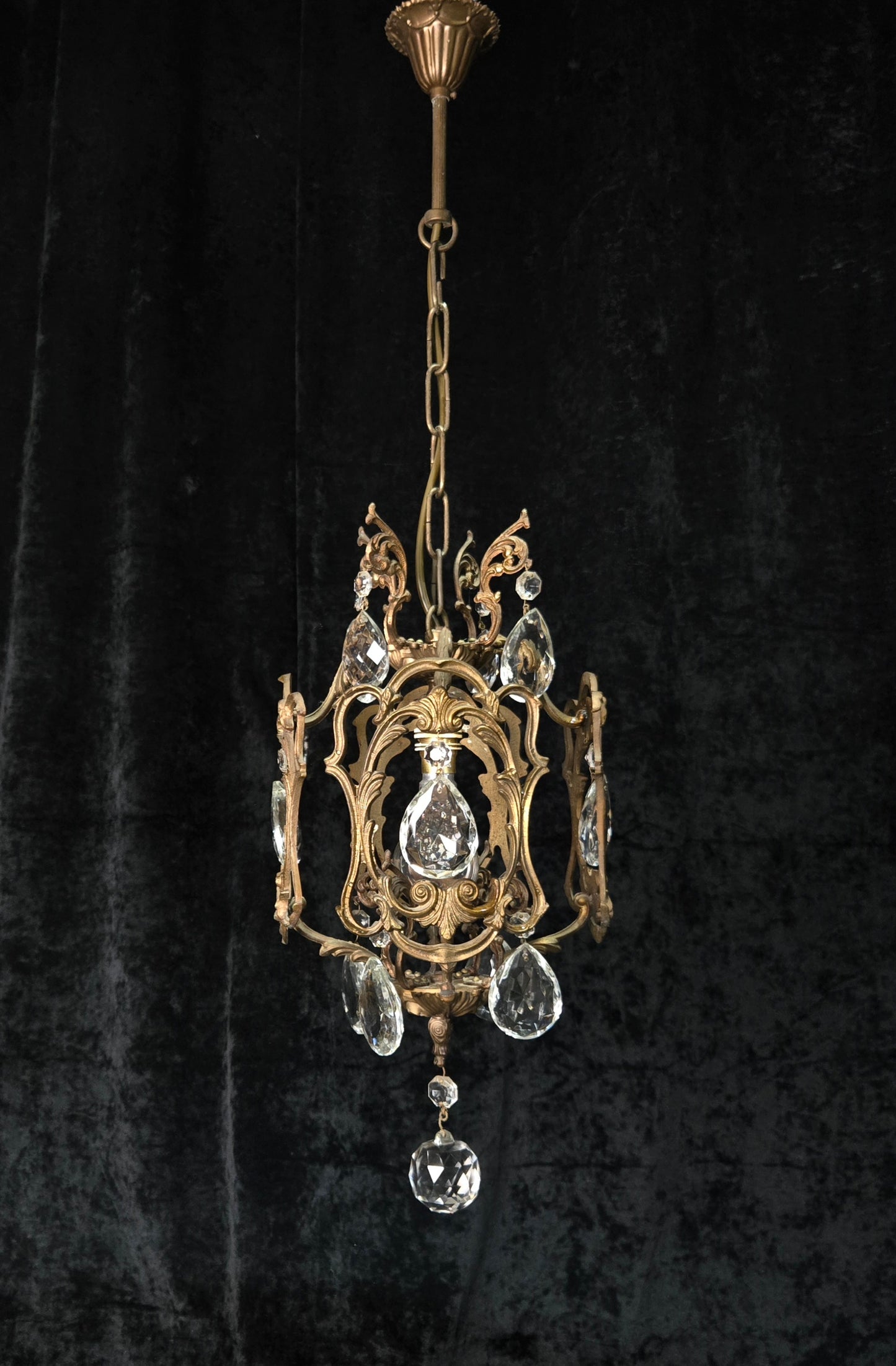 Beautiful Antique French 1 Light Brass Crystal Cage Chandelier Ceiling Light