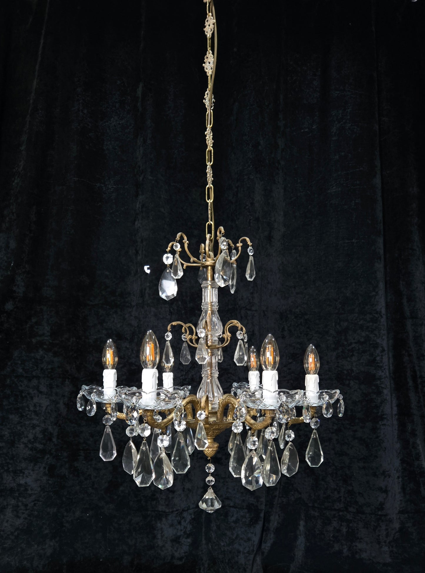 Fabulous Antique French 6 Arm Brass 2 Tier Crystal Chandelier Ceiling Light