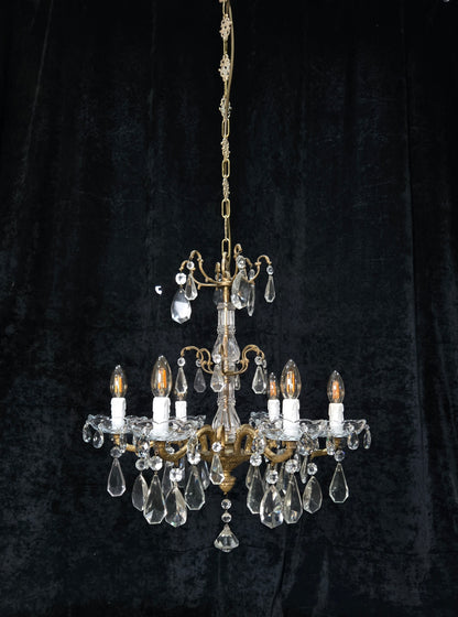 Fabulous Antique French 6 Arm Brass 2 Tier Crystal Chandelier Ceiling Light