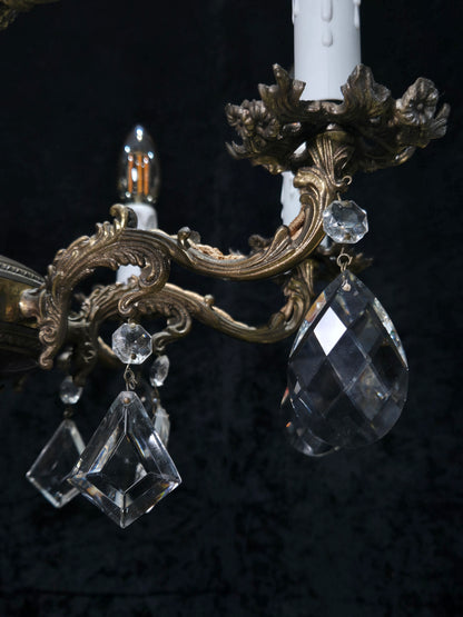 Fabulous Vintage Italian 8 Arm Brass Flower Crystal Chandelier Ceiling Light