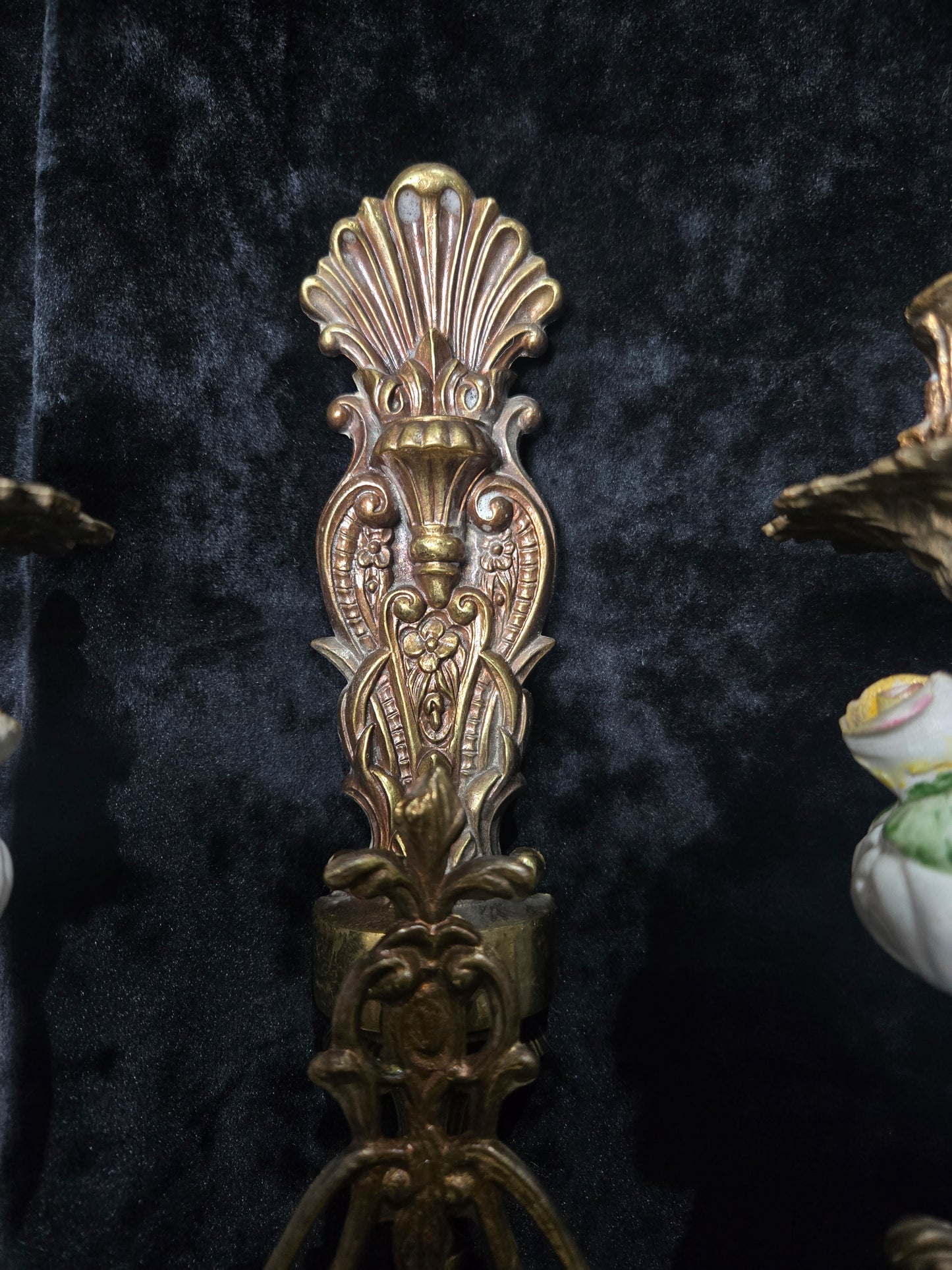 Beautiful Pair Vintage Italian 2 Arm Brass Porcelain Candle Wall Lights Sconces