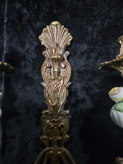 Beautiful Pair Vintage Italian 2 Arm Brass Porcelain Candle Wall Lights Sconces