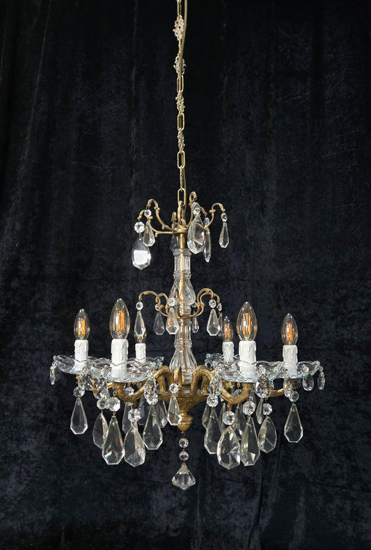 Fabulous Antique French 6 Arm Brass 2 Tier Crystal Chandelier Ceiling Light