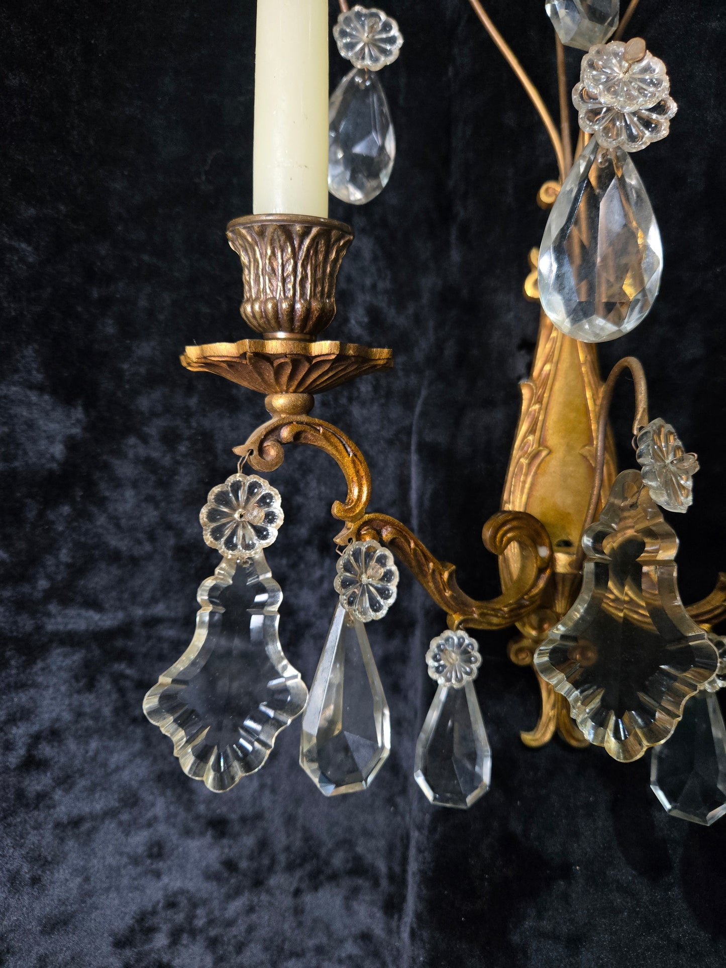 Beautiful Pair Antique French Gilt Bronze Brass 2 Arm Crystal Candle Wall Lights