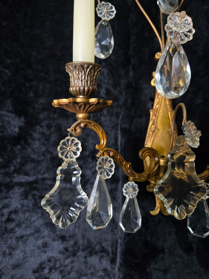 Beautiful Pair Antique French Gilt Bronze Brass 2 Arm Crystal Candle Wall Lights