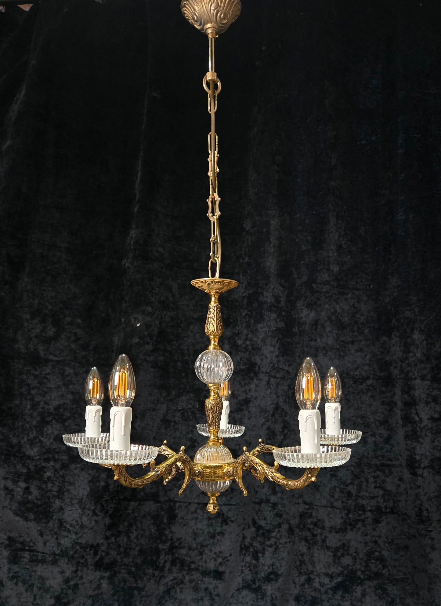 Classical Vintage 5 Arm Brass and Glass Chandelier Ceiling Light