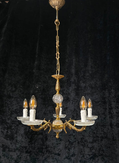 Classical Vintage 5 Arm Brass and Glass Chandelier Ceiling Light
