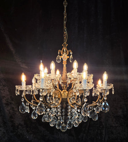 Fabulous Large Vintage Italian Heavy 8 Arm 16 Light Brass Crystal Chandelier