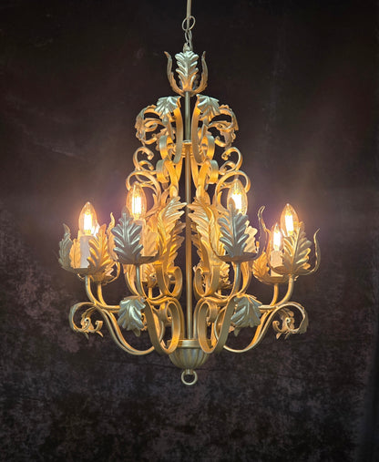 Stunning Heavy Large 8 Arm Wrought Iron Gilded Italian Chandelier Ceiling Light