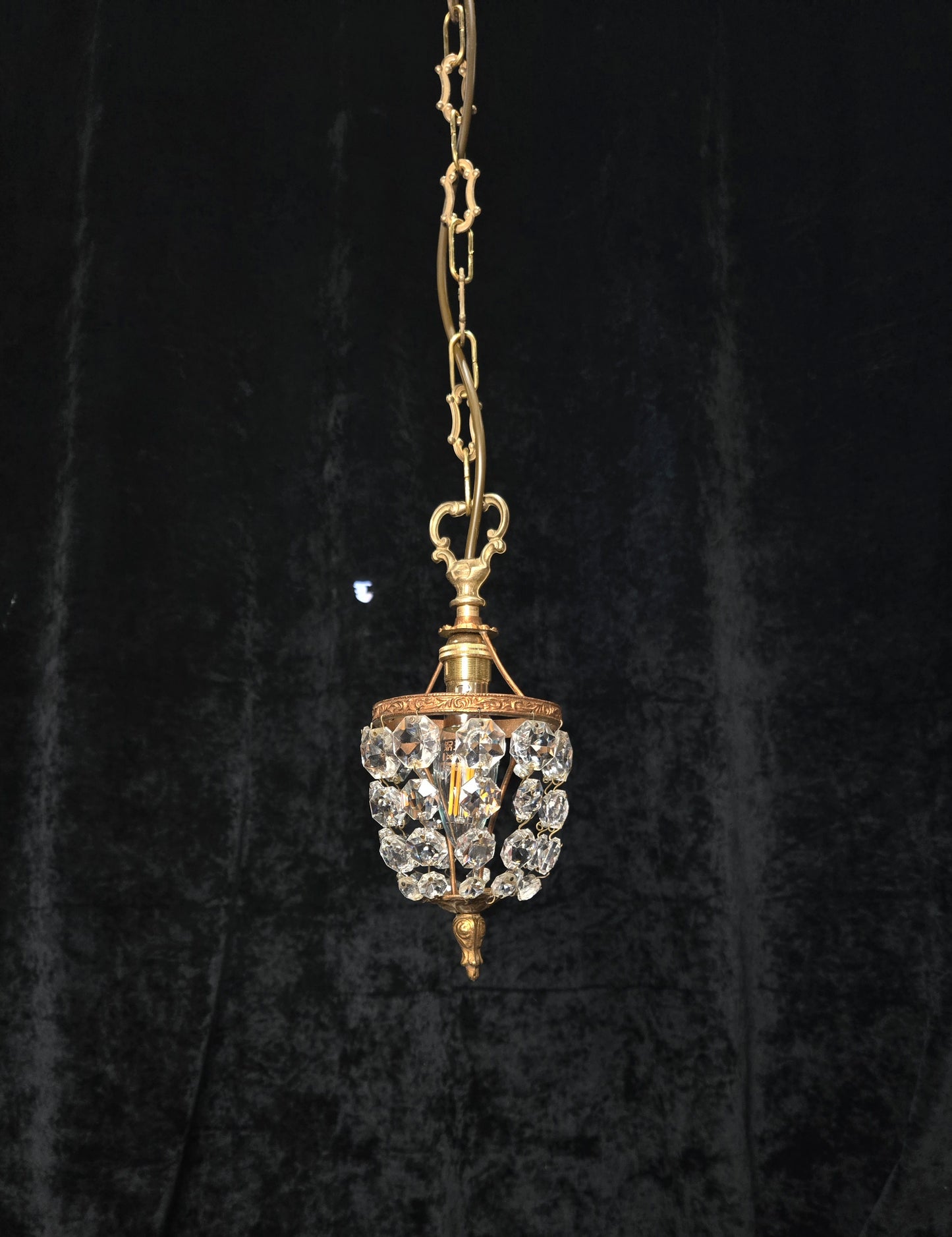 Petite Vintage French Crystal Half Bag Brass 1 Light Chandelier Ceiling Light