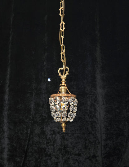 Petite Vintage French Crystal Half Bag Brass 1 Light Chandelier Ceiling Light