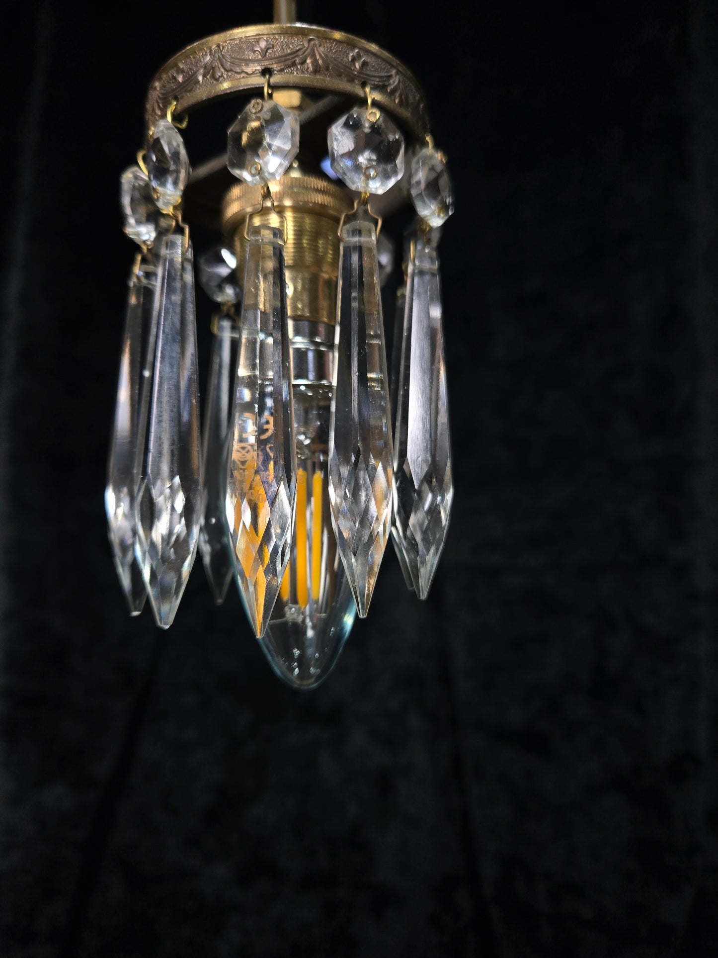Beautiful Petite Vintage French Brass Cherub Crystal Chandelier Ceiling Light
