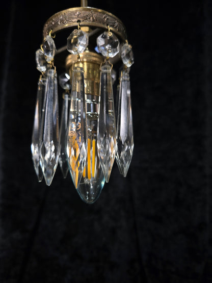 Beautiful Petite Vintage French Brass Cherub Crystal Chandelier Ceiling Light