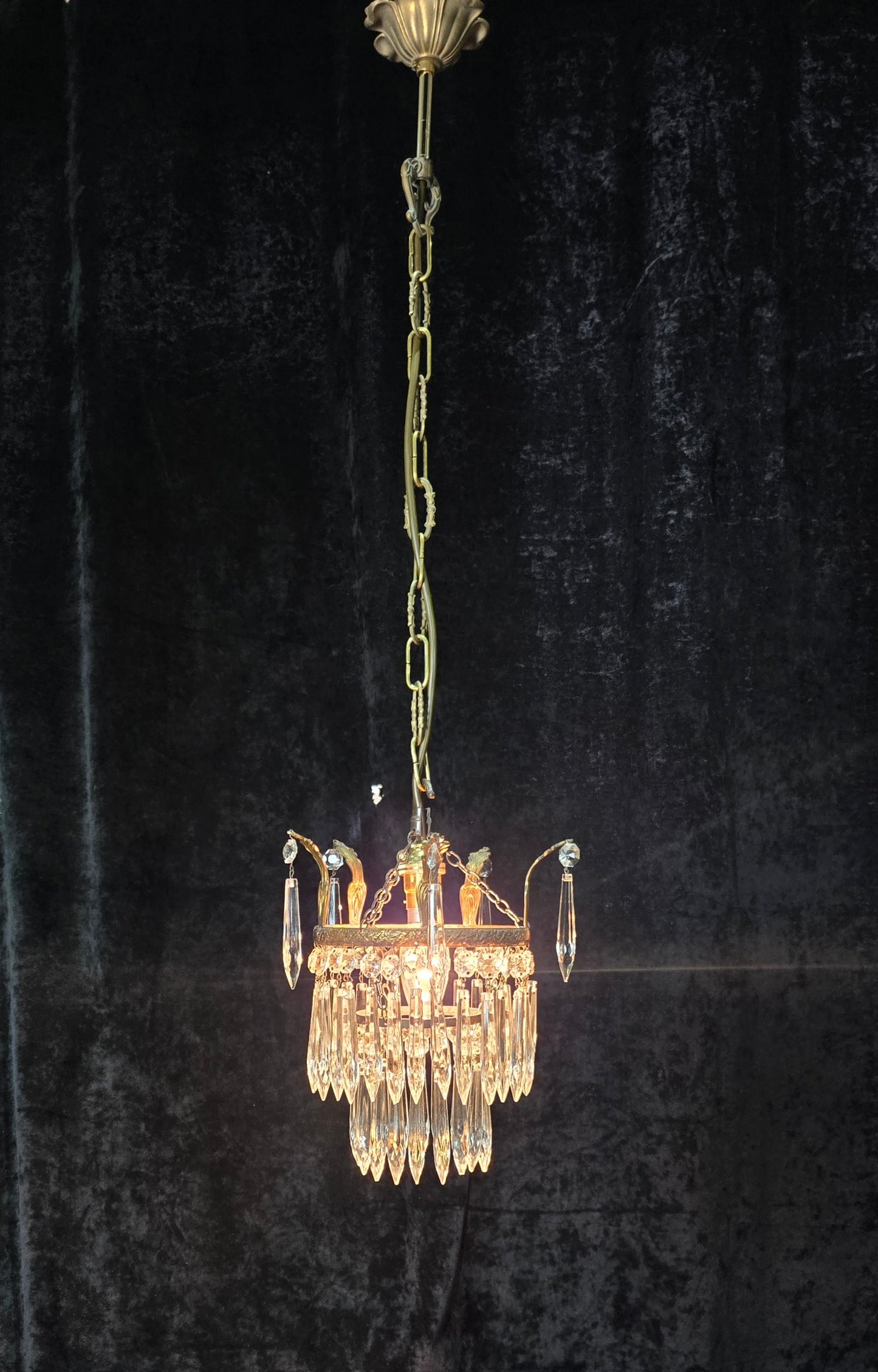 Beautiful Antique French Crystal Waterfall Brass Leaf Chandelier Ceiling Light