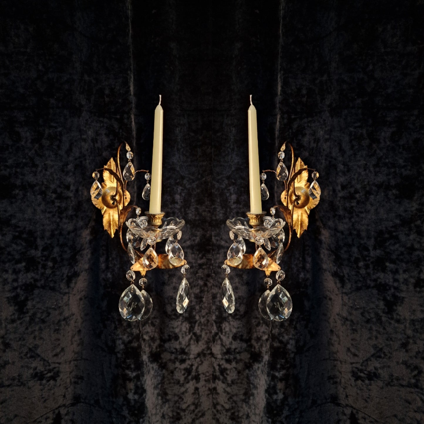 Stunning Pair Vintage Italian 1 Arm Florentine Toleware Candle Crystal Sconces