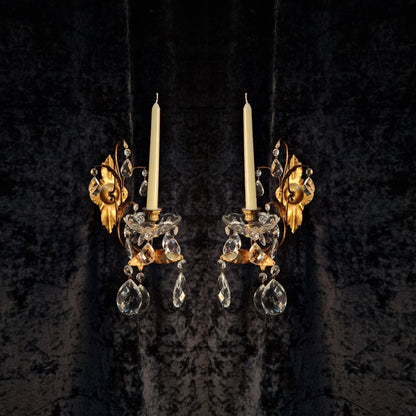 Stunning Pair Vintage Italian 1 Arm Florentine Toleware Candle Crystal Sconces
