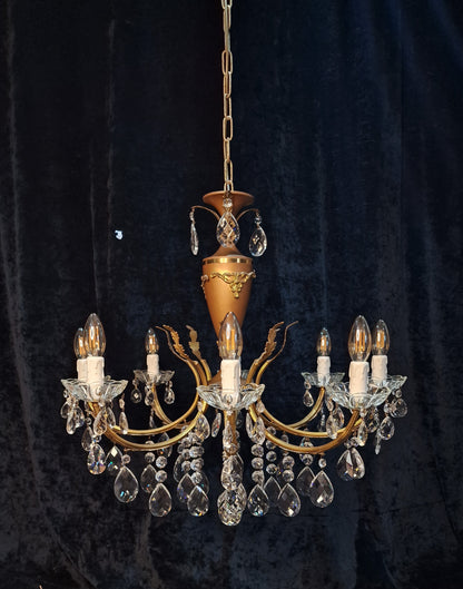 Beautiful Vintage Italian 8 Arm Brass and Crystal Leaf Chandelier Ceiling Light