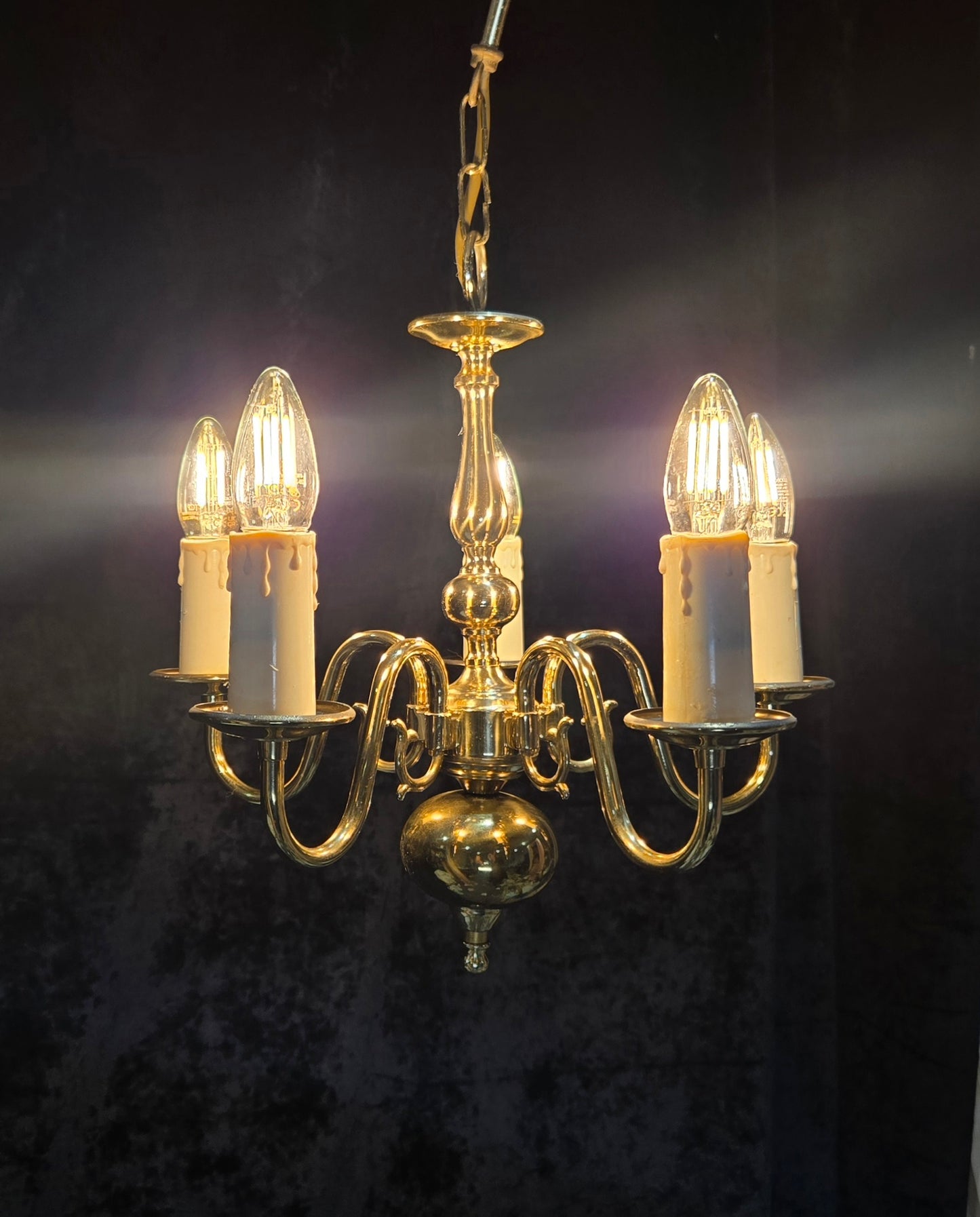 Classical Vintage Small 5 Arm Polished Brass Flemish Chandelier Ceiling Light