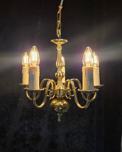 Classical Vintage Small 5 Arm Polished Brass Flemish Chandelier Ceiling Light