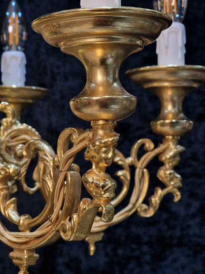Traditional Vintage Italian Polished Brass 6 Arm Chandelier Ceiling Light