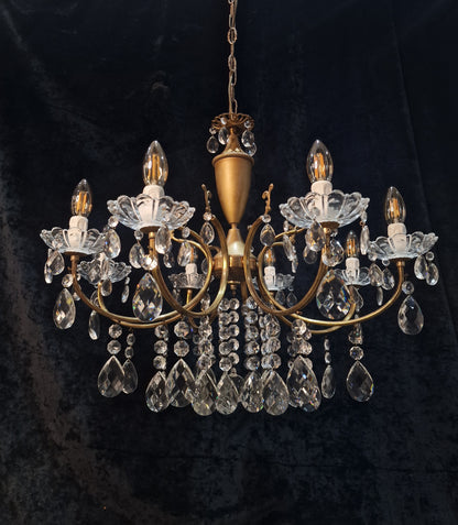 Fabulous Vintage Italian 8 Arm Brass and Crystal Leaf Chandelier Ceiling Light