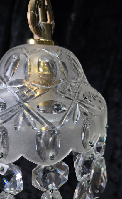 Beautiful Petite Cut Glass Crystal Antique Shade Brass Pendant Light Chandelier