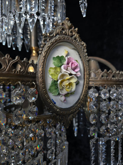 Beautiful Vintage Italian Capodimonte Flower Brass Crystal 4 Light Chandelier