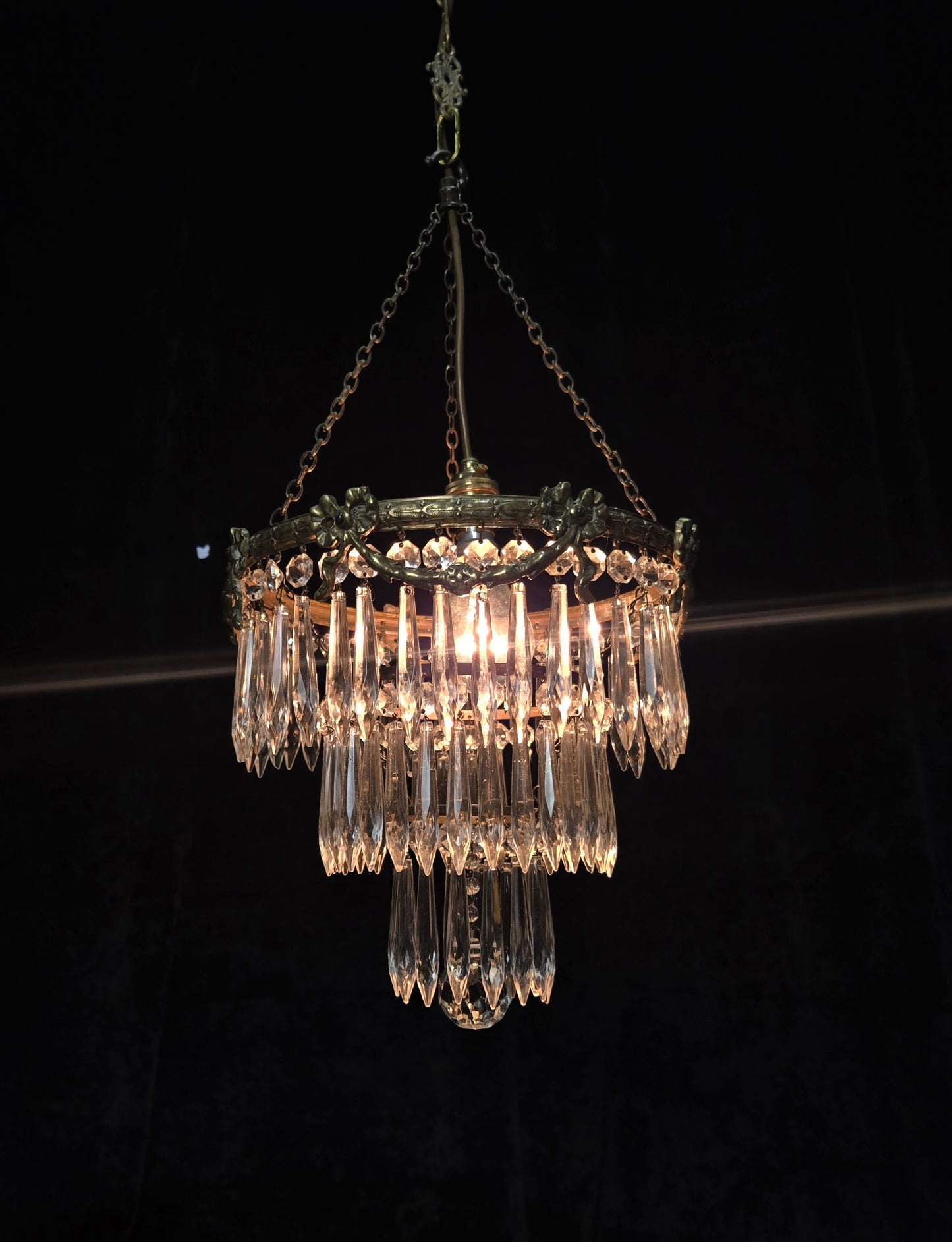 Fabulous Antique French Empire Style Brass Crystal Bows Chandelier Ceiling Light