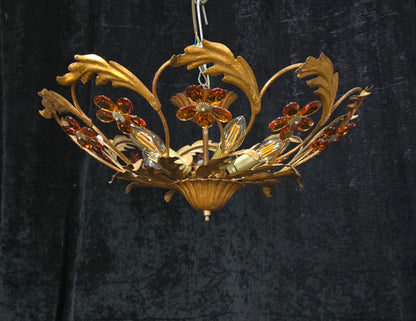 Beautiful Vintage Italian Banci 5 Light Gilded Toleware Flush Ceiling Chandelier