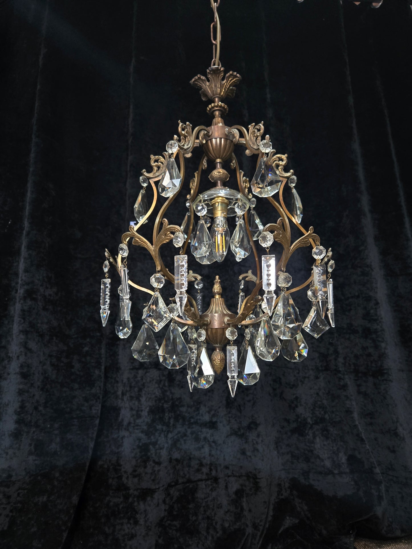 Elegant Vintage Italian 1 Light Cage Crystal Brass Chandelier Ceiling Light