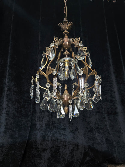 Elegant Vintage Italian 1 Light Cage Crystal Brass Chandelier Ceiling Light