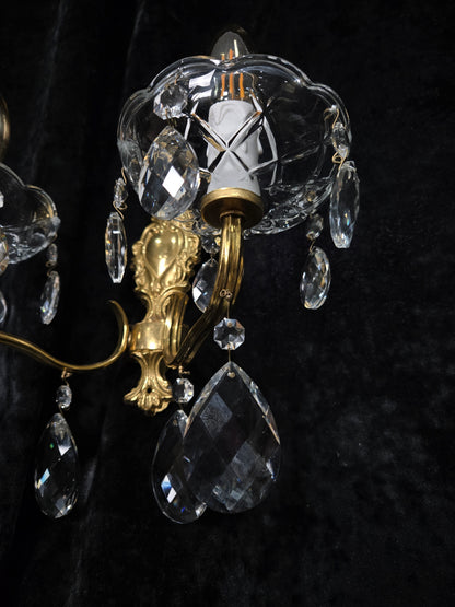 Fabulous Pair Vintage French 2 Arm Brass Leaf Crystal Wall Lights Sconces