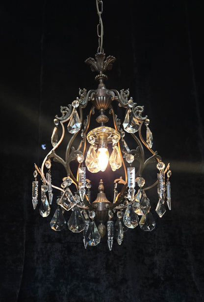 Elegant Vintage Italian 1 Light Cage Crystal Brass Chandelier Ceiling Light