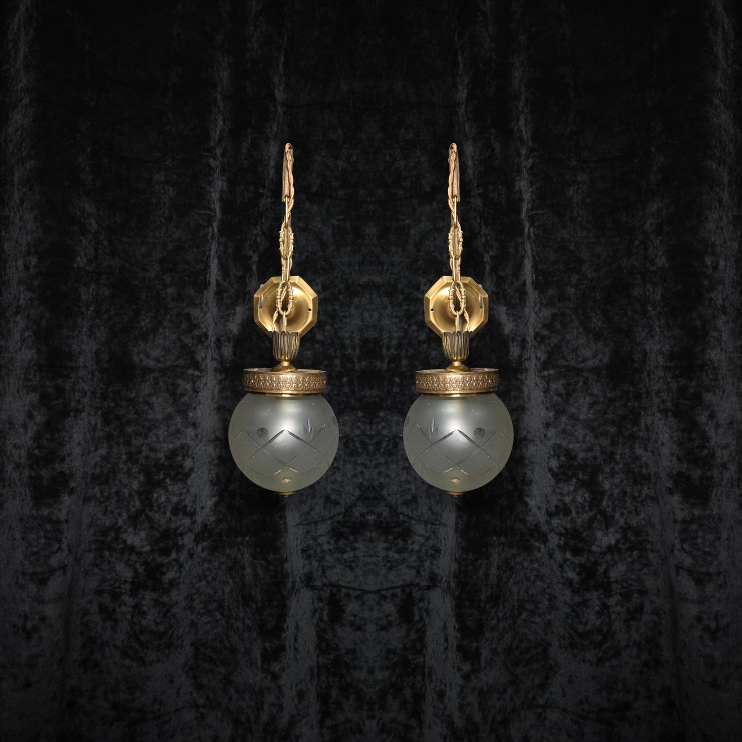 Unique Pair of Vintage Italian Brass Glass Lantern Wall Lights Sconces