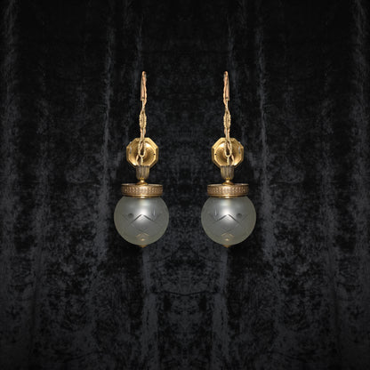 Unique Pair of Vintage Italian Brass Glass Lantern Wall Lights Sconces