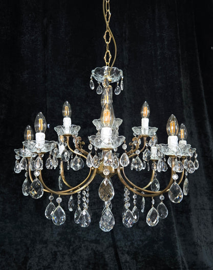 Classical Vintage Italian 8 Arm 12 Light Brass Crystal Chandelier Ceiling Light